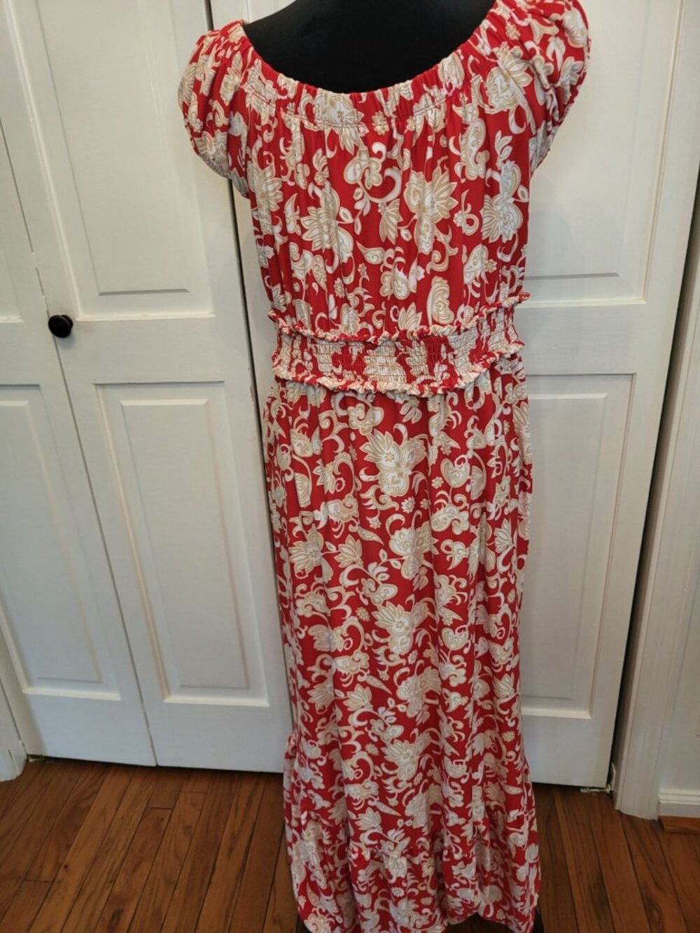 Derek Heart Red Peasant Dress High Low XL Stretch Ruffle Boho Travel Vacation - Picture 2 of 11